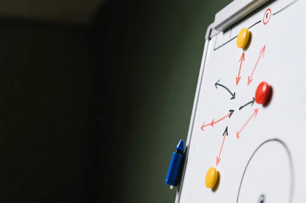 A generic soccer tactical whiteboard with magnetic markers and hand-drawn arrows showing defensive strategies