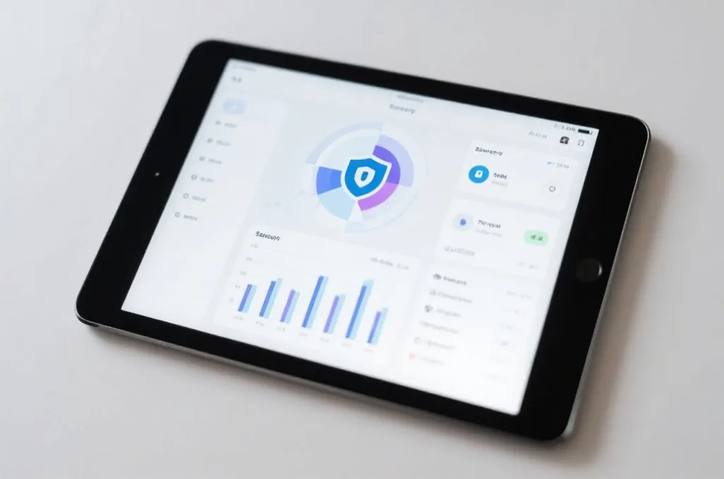 A clean digital security interface on a tablet, showing abstract data protection graphs and a generic user dashboard, neutral lighting