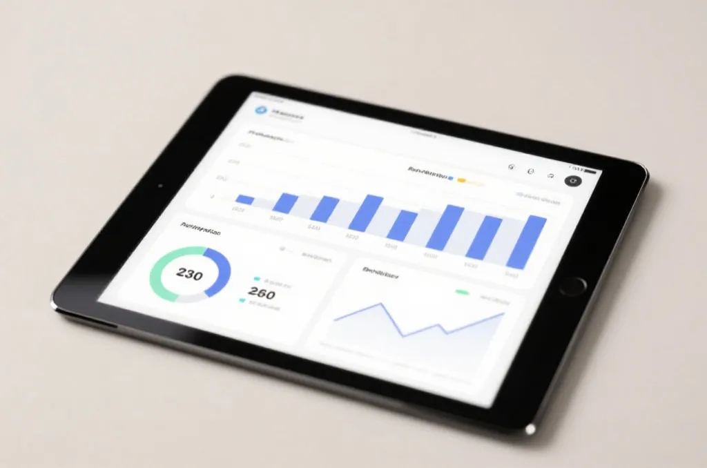 An abstract sports analytics dashboard on a modern tablet screen, displaying clean statistical bar charts and performance metrics, neutral background